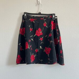 Vintage Floral 90s Jay Jacobs Red Rose Print A-Line Black Mini Skirt 9 Soft Goth